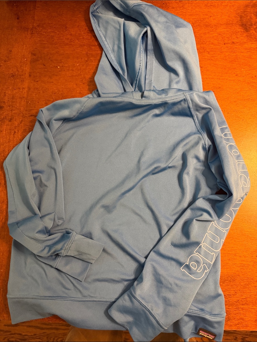Patagonia Kids Sky Blue Hooded Swim Rashguard with Sleeve Logo